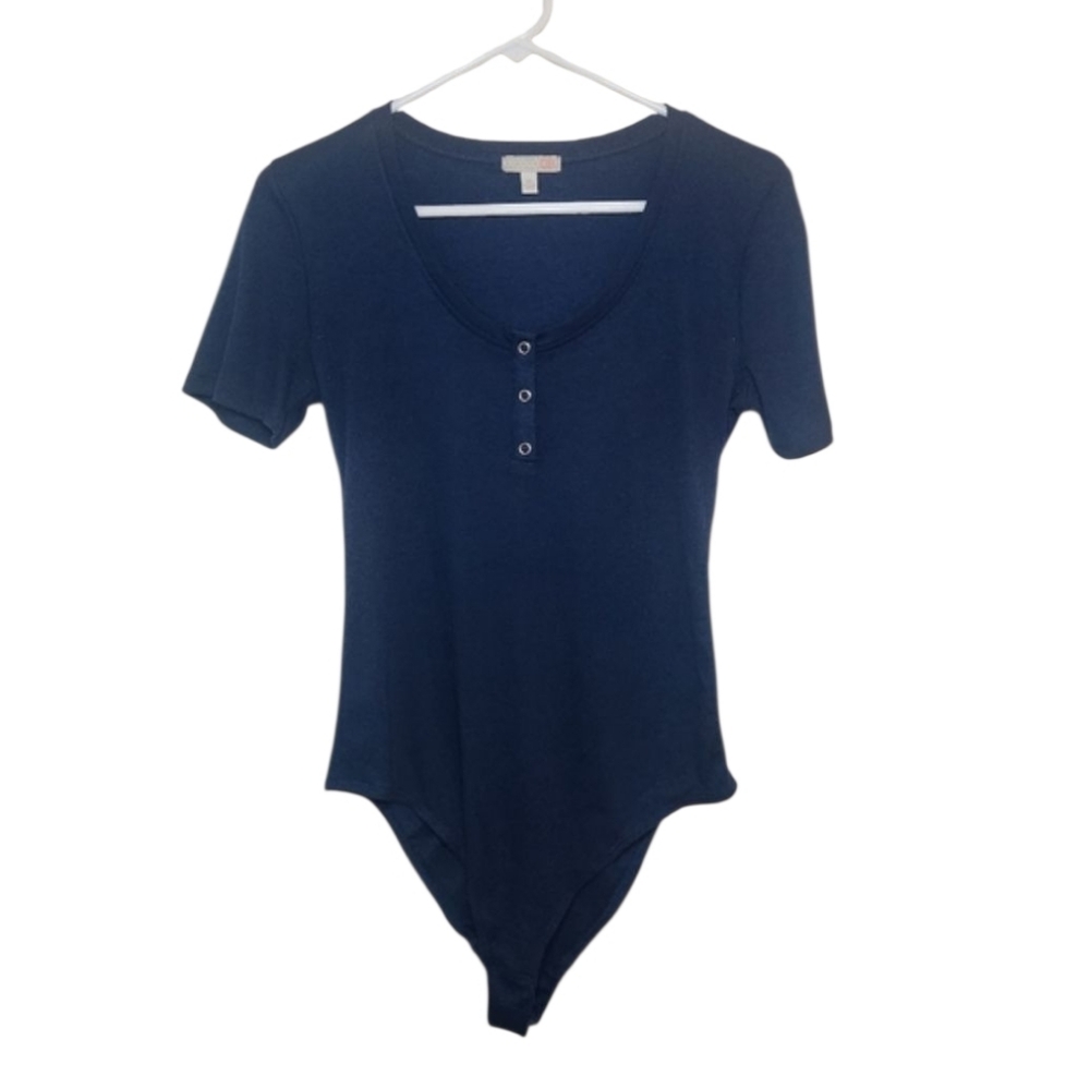 Women's Gianni Bini Navy Blue Ribbed Bodysuit Sz Medium